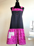 Seams Familiar! Full gathered apron, black + pink with hearts - L - 1